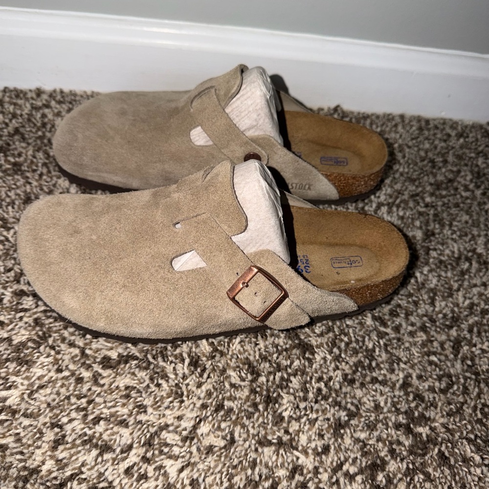 Birkenstock Beige Suede Boston Clogs with Copper Buckle
